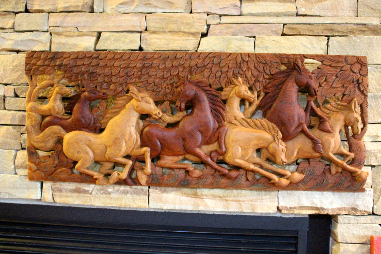 “Running Horses” Carved Wall Hanging Plaque Decor Signed Dated Original 36″x14″