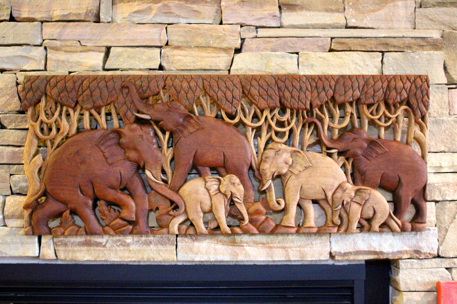 “Elephant Family” Carved Wall Hanging Plaque Decor Signed Dated Original 35″x14″