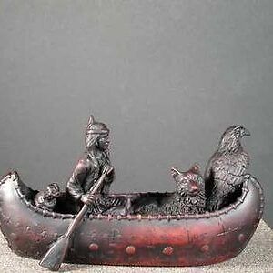 Spirit Canoe Indian Eagle & Wolf Bone Resin Figurine