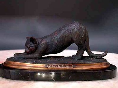 Bronze Cat Sculpture Stretching Signed Art Marble Base