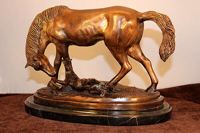 Bronze Horse w/ Foal Baby Sculpture Metal / Marble Base